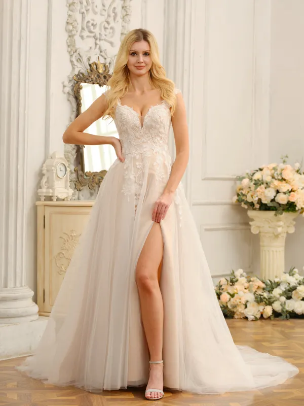 A-Line/Princess Sleeveless Long Wedding Dresses with Appliques & Split Side sold by Lavetir