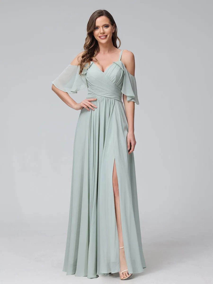 A-Line V-Neck Chiffon Long Bridesmaid Dresses With Split Side & Spaghetti Straps sold by Lavetir product image thumbnail 4