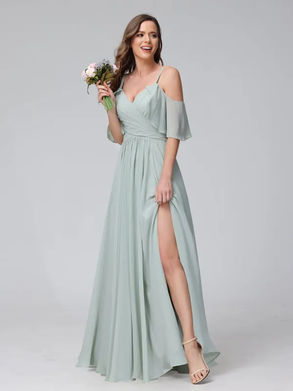 A-Line V-Neck Chiffon Long Bridesmaid Dresses With Split Side & Spaghetti Straps sold by Lavetir