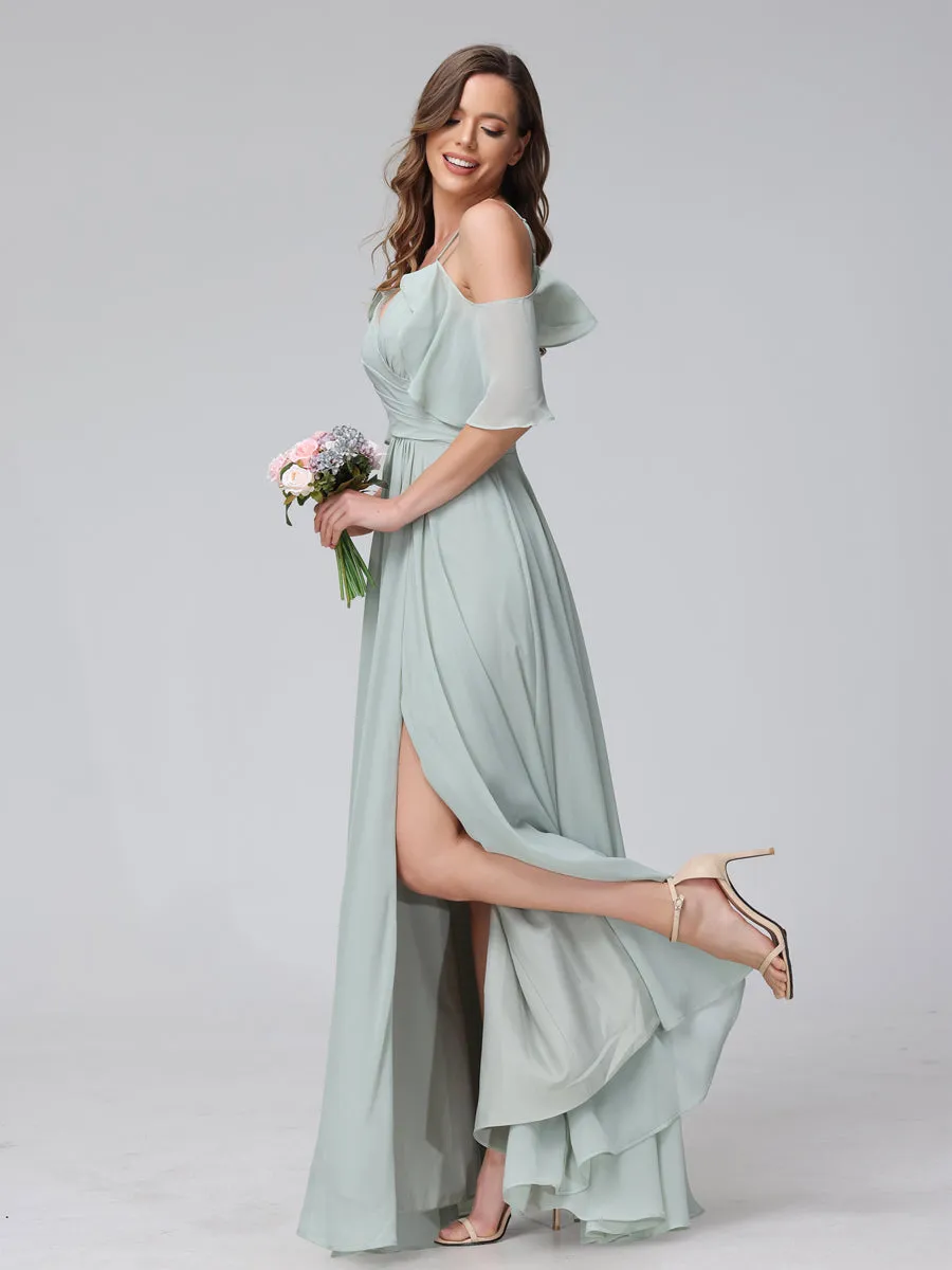 A-Line V-Neck Chiffon Long Bridesmaid Dresses With Split Side & Spaghetti Straps sold by Lavetir product image thumbnail 5