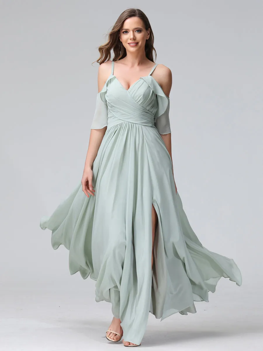 A-Line V-Neck Chiffon Long Bridesmaid Dresses With Split Side & Spaghetti Straps sold by Lavetir product image thumbnail 3