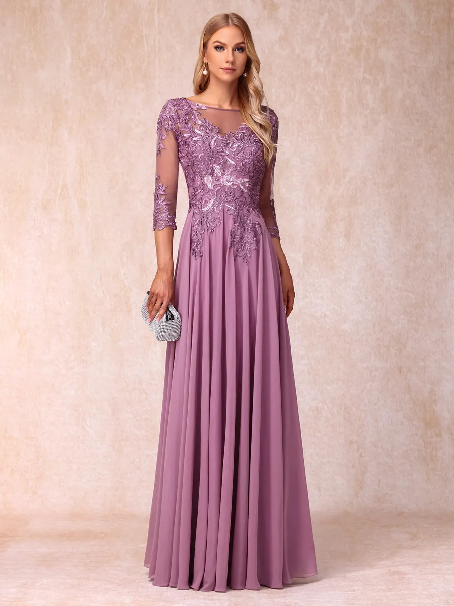 A-Line/Princess Sheer Neck 3/4 Sleeves Long Formal Evening Dresses with Sequins & Appliques sold by Lavetir product image thumbnail 4