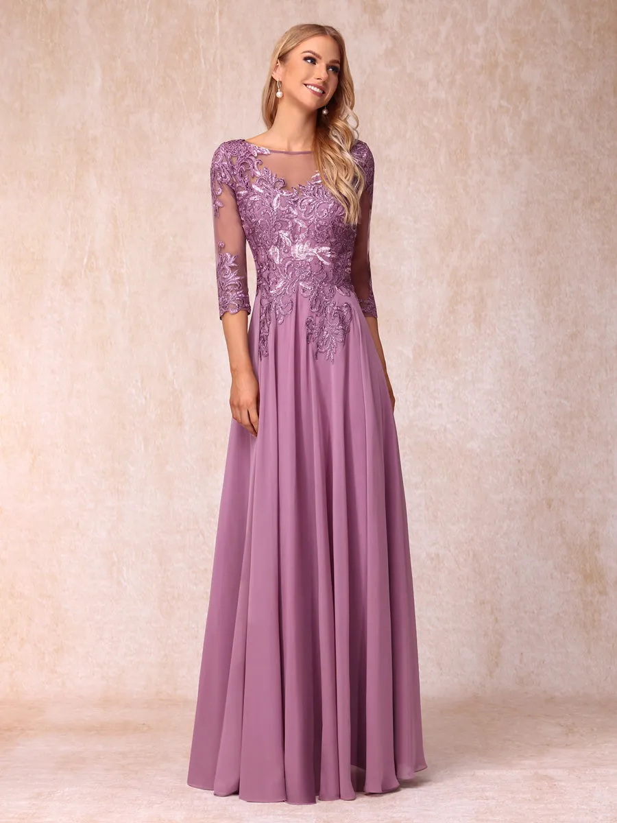 A-Line/Princess Sheer Neck 3/4 Sleeves Long Formal Evening Dresses with Sequins & Appliques sold by Lavetir
