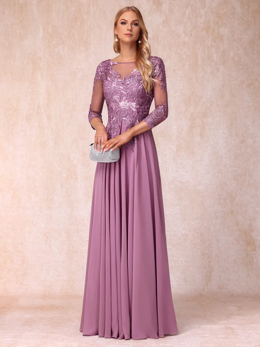 A-Line/Princess Sheer Neck 3/4 Sleeves Long Formal Evening Dresses with Sequins & Appliques sold by Lavetir product image thumbnail 5