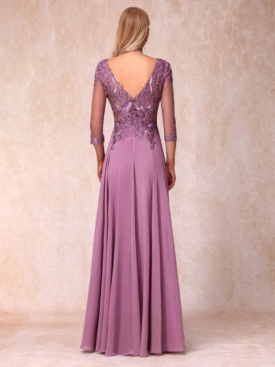 A-Line/Princess Sheer Neck 3/4 Sleeves Long Formal Evening Dresses with Sequins & Appliques sold by Lavetir product image thumbnail 2