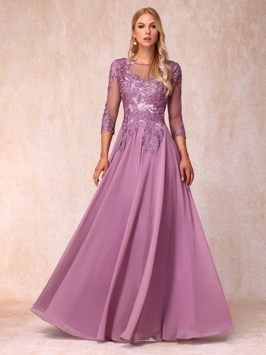 A-Line/Princess Sheer Neck 3/4 Sleeves Long Formal Evening Dresses with Sequins & Appliques sold by Lavetir product image thumbnail 3