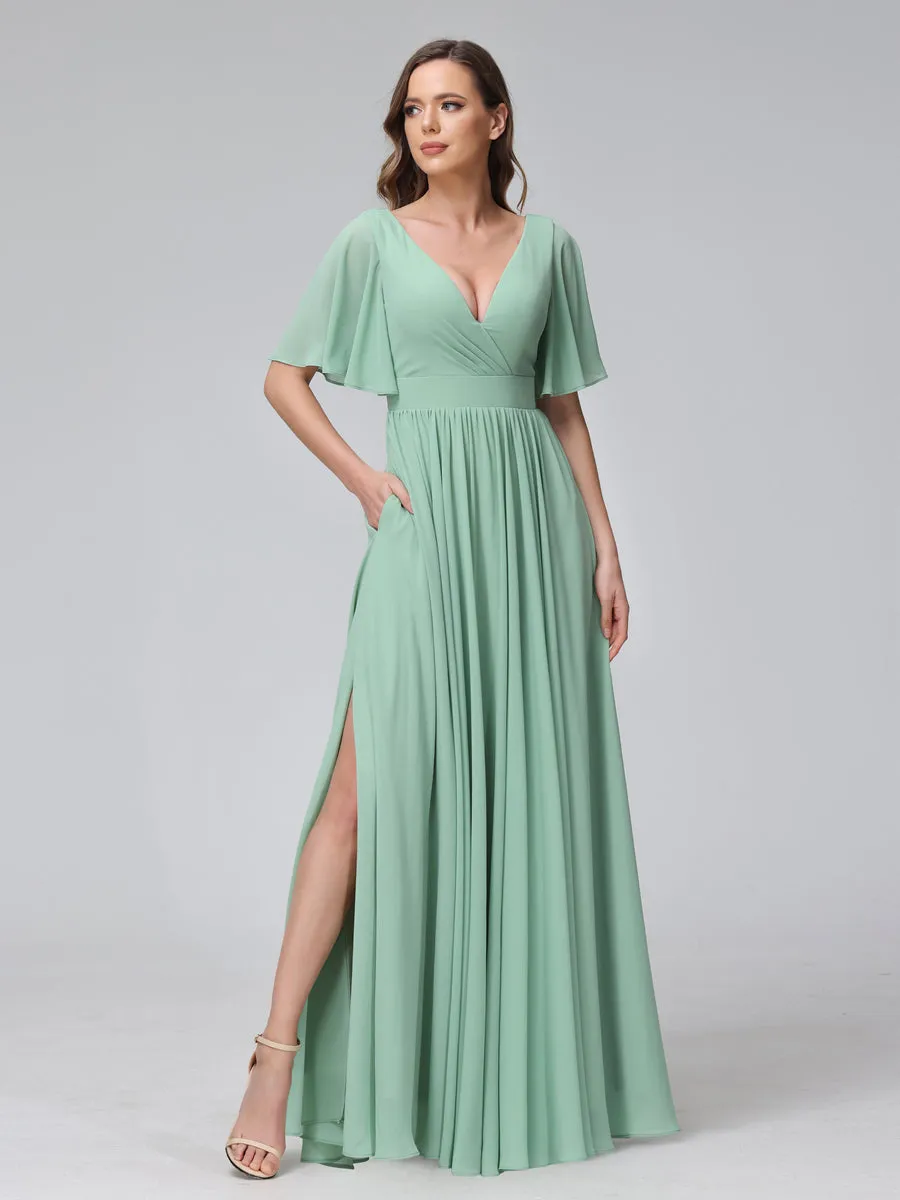 A-Line V-Neck Half Sleeves Long Chiffon Bridesmaid Dresses with Ruffles Split Side Pockets sold by Lavetir product image thumbnail 4