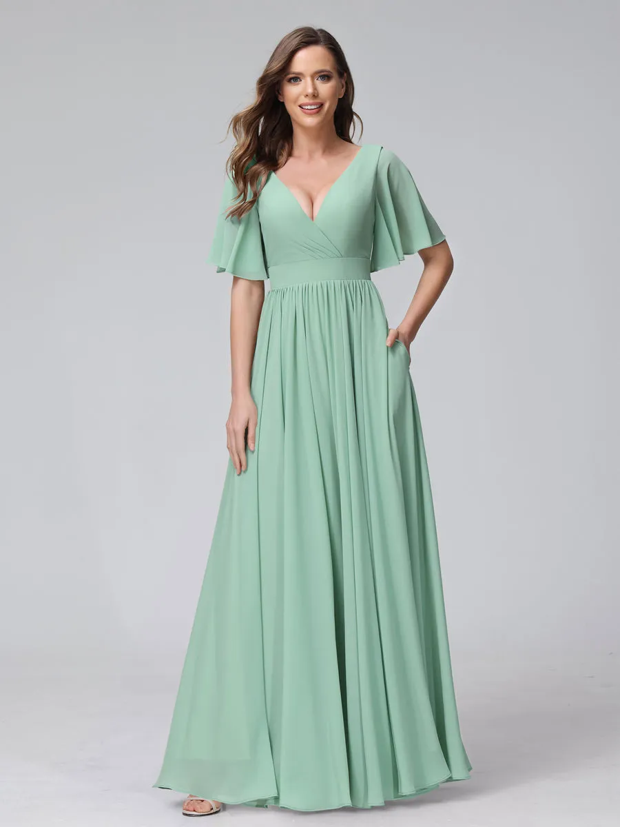 A-Line V-Neck Half Sleeves Long Chiffon Bridesmaid Dresses with Ruffles Split Side Pockets sold by Lavetir