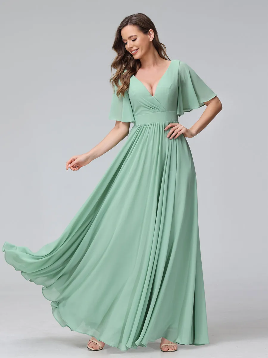 A-Line V-Neck Half Sleeves Long Chiffon Bridesmaid Dresses with Ruffles Split Side Pockets sold by Lavetir product image thumbnail 5