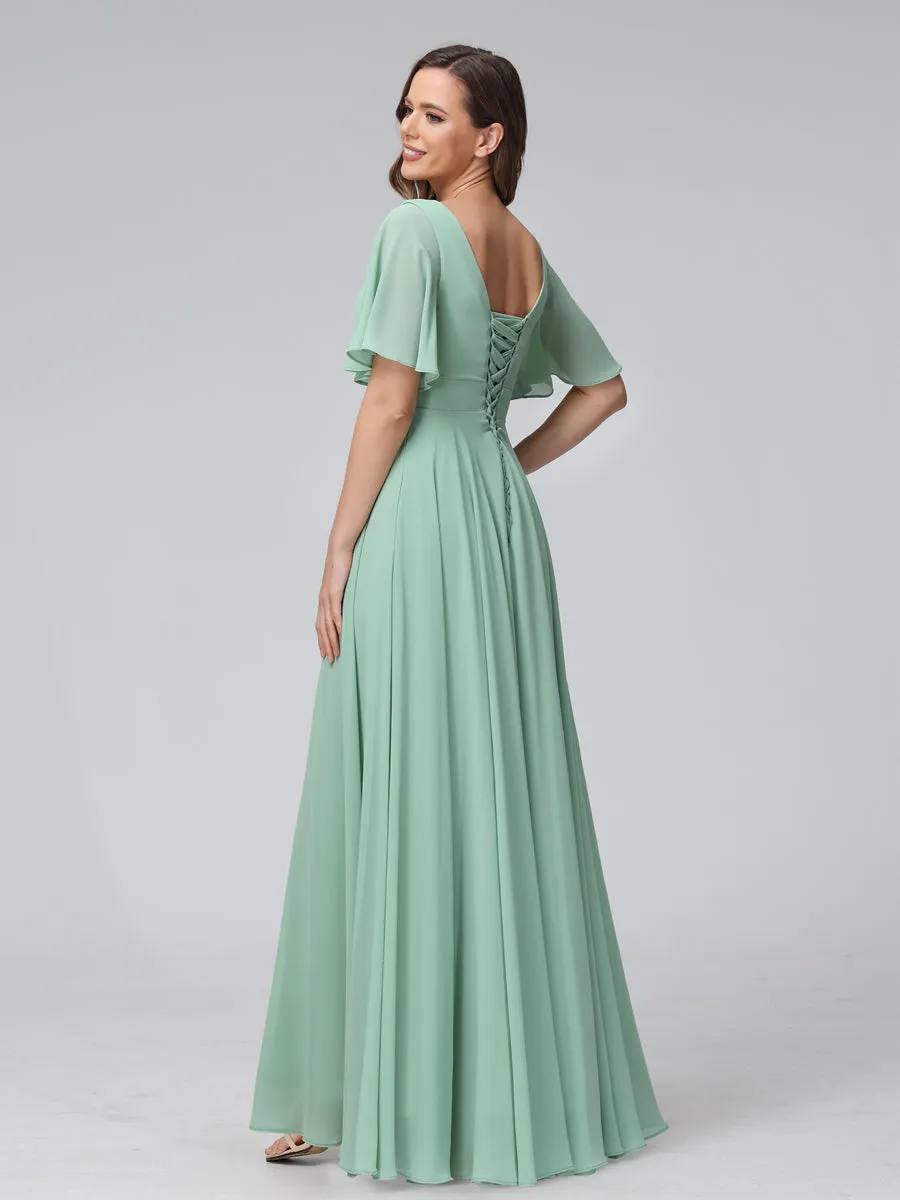 A-Line V-Neck Half Sleeves Long Chiffon Bridesmaid Dresses with Ruffles Split Side Pockets sold by Lavetir product image thumbnail 2