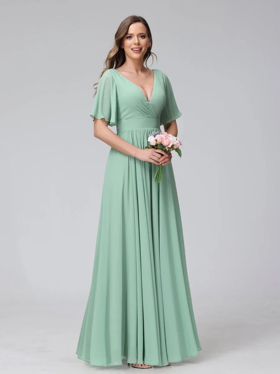 A-Line V-Neck Half Sleeves Long Chiffon Bridesmaid Dresses with Ruffles Split Side Pockets sold by Lavetir product image thumbnail 3