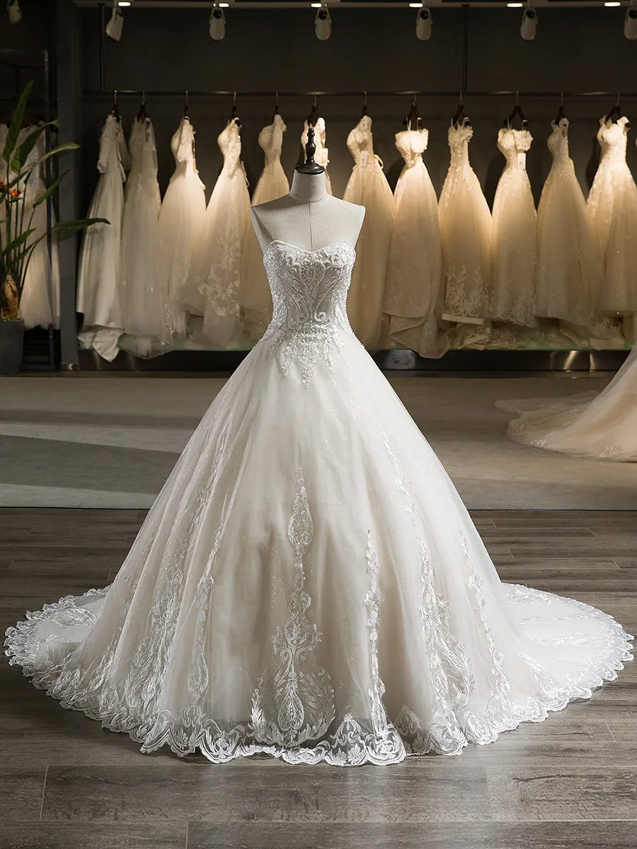 Strapless Sleeveless Tulle Applique With Beading Court Train Ball Gown Wedding Dresses sold by Lavetir