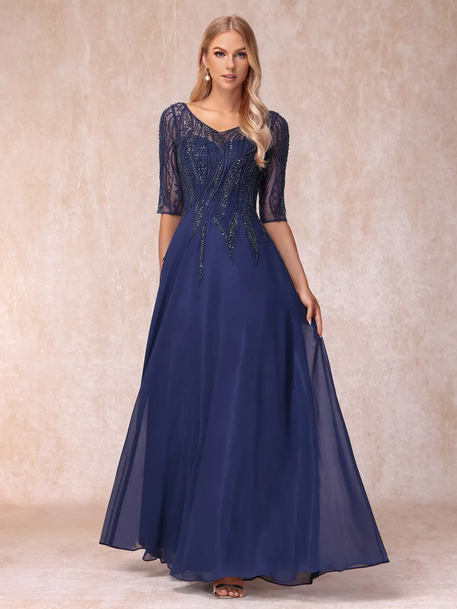 A-Line/Princess V-Neck Half Sleeves Long Formal Evening Dresses with Beading sold by Lavetir product image thumbnail 4