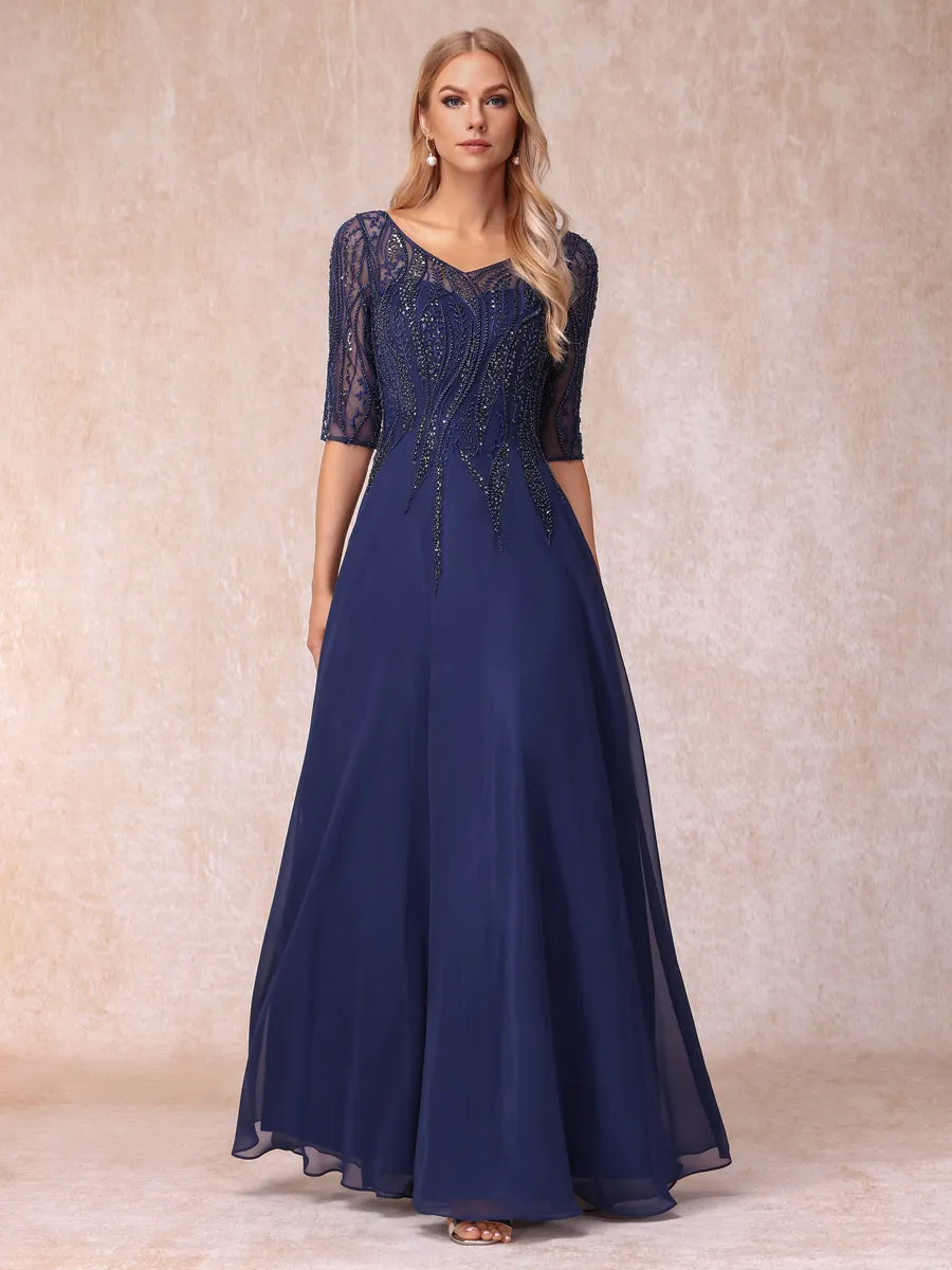 A-Line/Princess V-Neck Half Sleeves Long Formal Evening Dresses with Beading sold by Lavetir