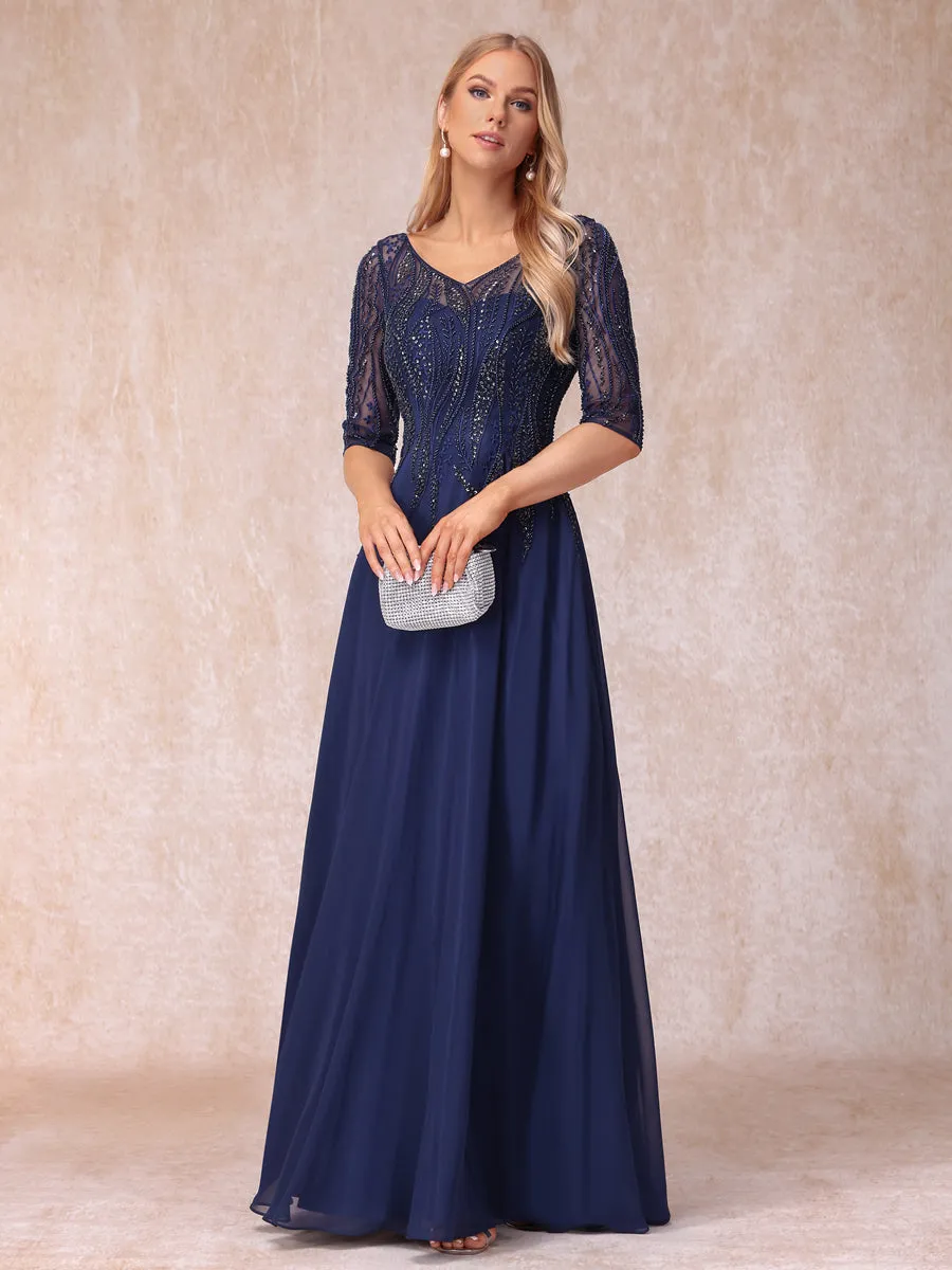 A-Line/Princess V-Neck Half Sleeves Long Formal Evening Dresses with Beading sold by Lavetir product image thumbnail 5