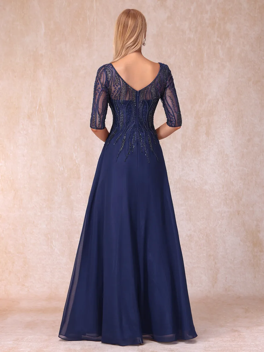 A-Line/Princess V-Neck Half Sleeves Long Formal Evening Dresses with Beading sold by Lavetir product image thumbnail 2