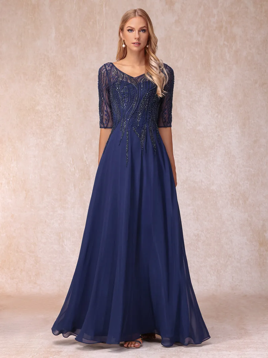 A-Line/Princess V-Neck Half Sleeves Long Formal Evening Dresses with Beading sold by Lavetir product image thumbnail 3