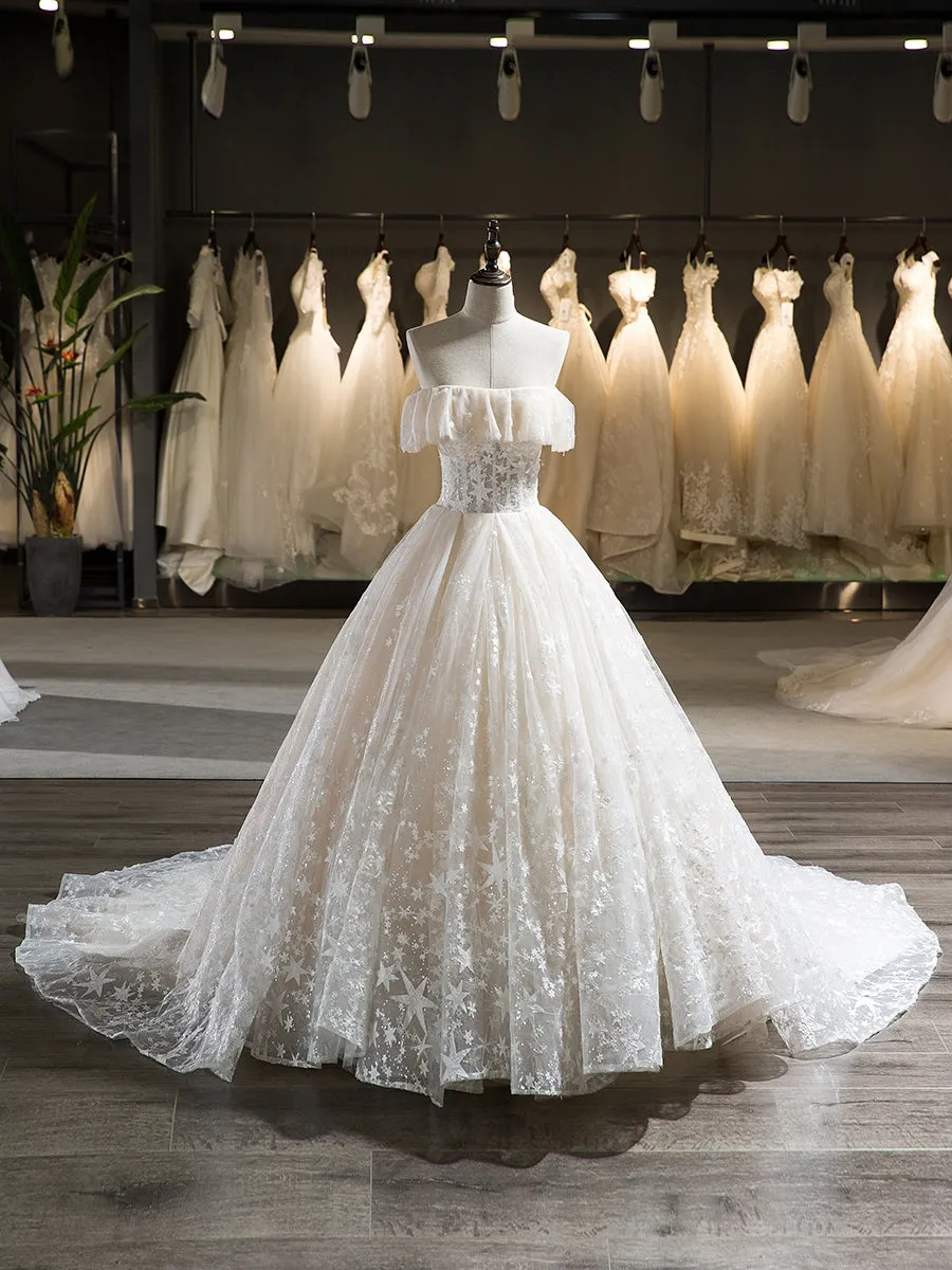 Sleeveless Tulle Strapless Court Train With Ruffle Star Ball Gown Wedding Dresses sold by Lavetir