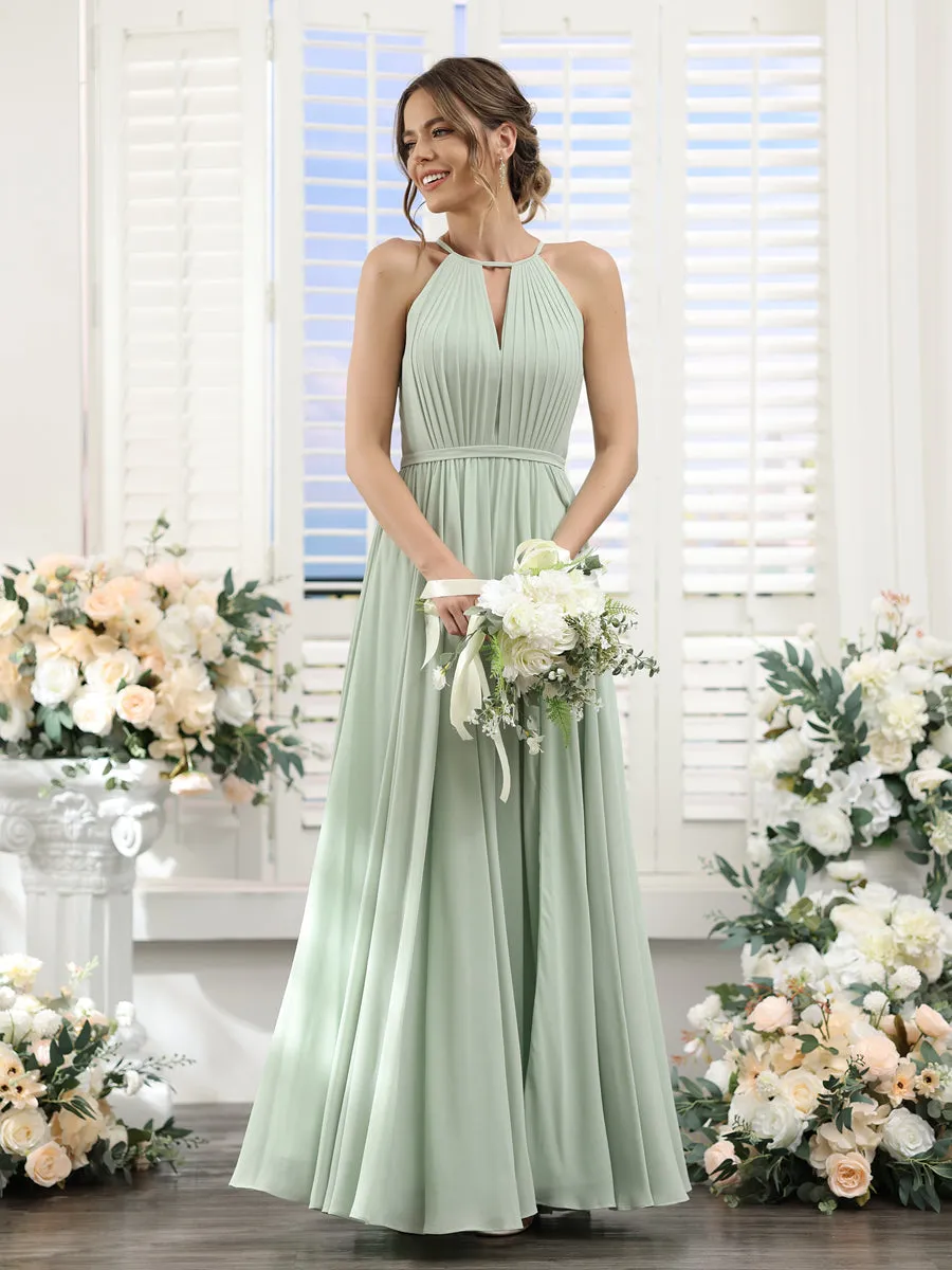 A-Line Halter Sleeveless Split Side Ruched Floor-Length Chiffon Bridesmaid Dresses sold by Lavetir