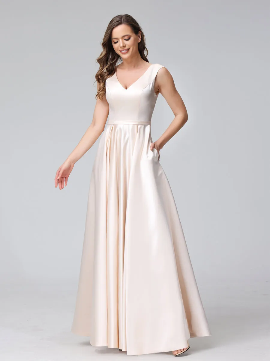 A-Line V-Neck Sleeveless Floor-Length Satin Bridesmaid Dresses With Pockets sold by Lavetir product image thumbnail 3