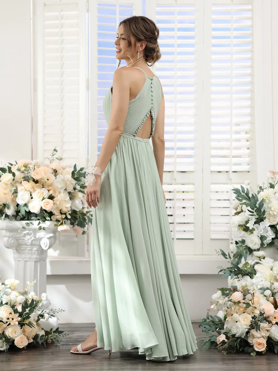 A-Line Halter Sleeveless Split Side Ruched Floor-Length Chiffon Bridesmaid Dresses sold by Lavetir product image thumbnail 2