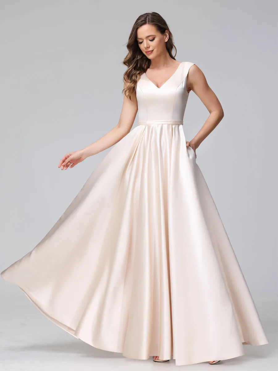 A-Line V-Neck Sleeveless Floor-Length Satin Bridesmaid Dresses With Pockets sold by Lavetir product image thumbnail 4