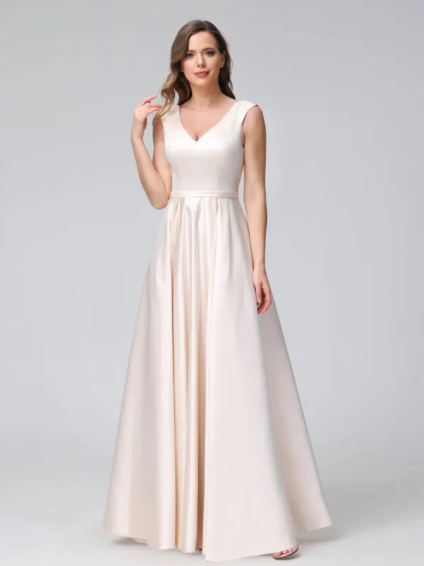 A-Line V-Neck Sleeveless Floor-Length Satin Bridesmaid Dresses With Pockets sold by Lavetir