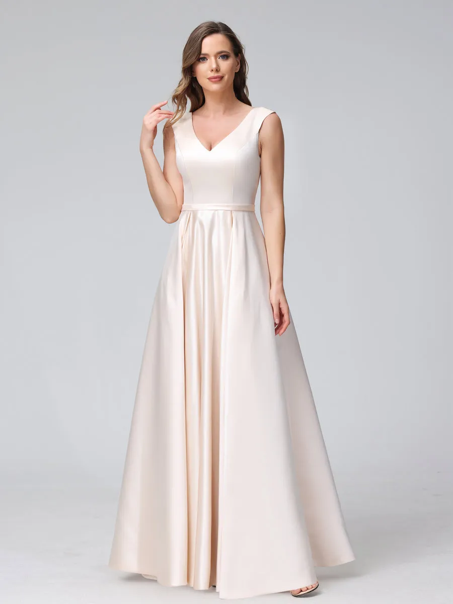 A-Line V-Neck Sleeveless Floor-Length Satin Bridesmaid Dresses With Pockets sold by Lavetir