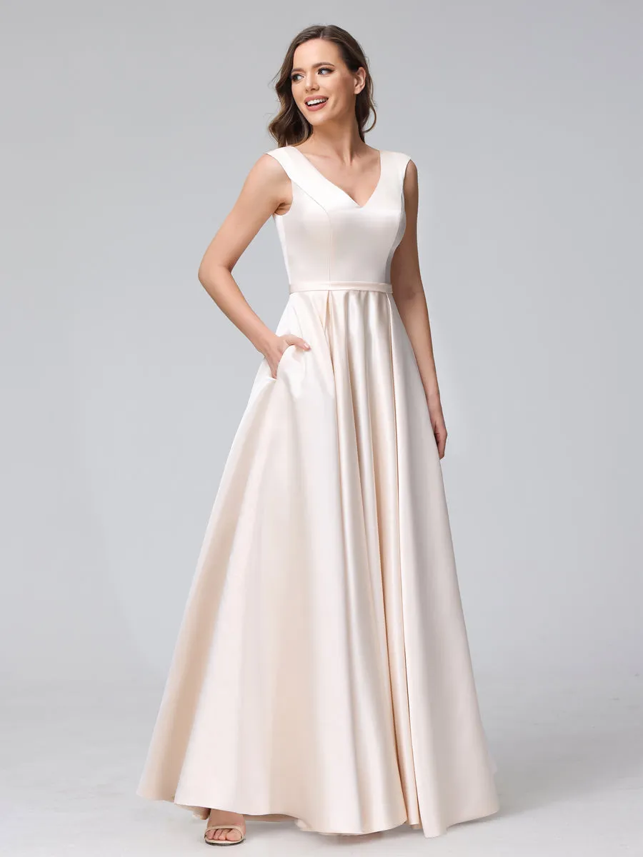 A-Line V-Neck Sleeveless Floor-Length Satin Bridesmaid Dresses With Pockets sold by Lavetir product image thumbnail 5