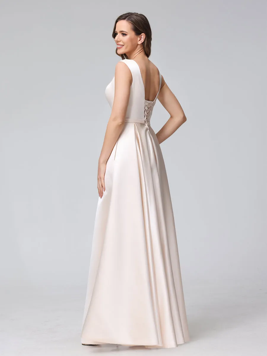 A-Line V-Neck Sleeveless Floor-Length Satin Bridesmaid Dresses With Pockets sold by Lavetir product image thumbnail 2