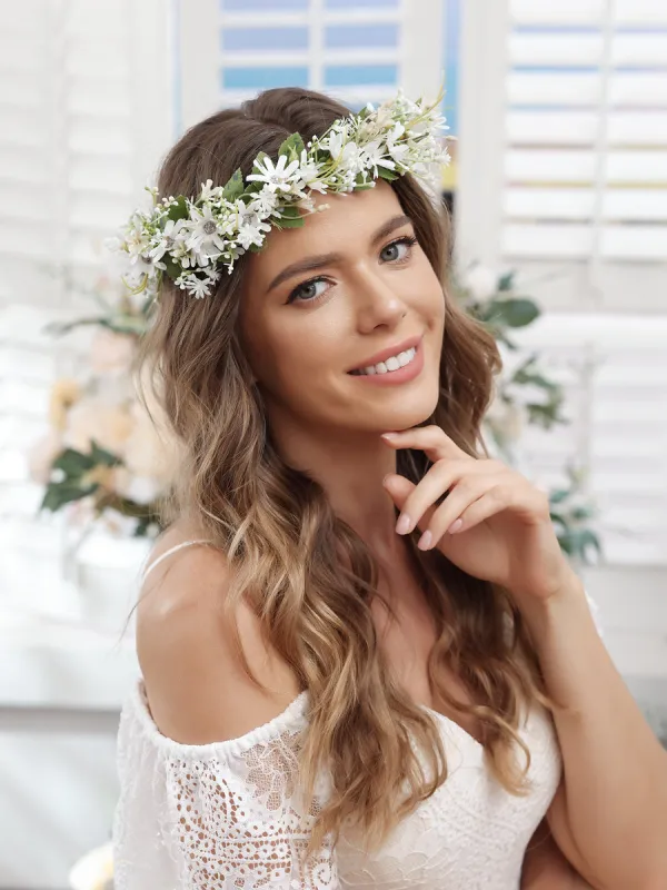 Artificial White Wedding Flower Crowns with Tulle Band sold by Lavetir