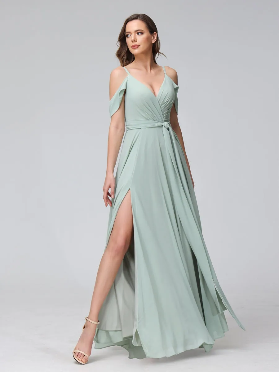 A-Line V-Neck Short Sleeves Chiffon Bridesmaid Dresses with Spaghetti Straps & Split Side sold by Lavetir product image thumbnail 4