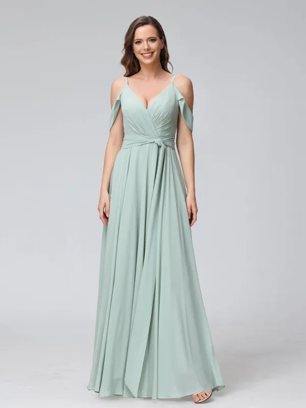 A-Line V-Neck Short Sleeves Chiffon Bridesmaid Dresses with Spaghetti Straps & Split Side sold by Lavetir