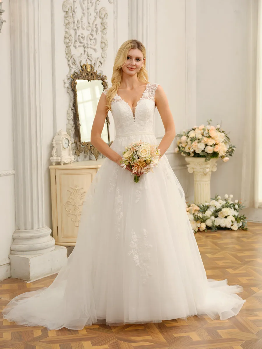 V-Neck Sleeveless Long Wedding Dresses with Appliques & Beading sold by Lavetir product image thumbnail 4