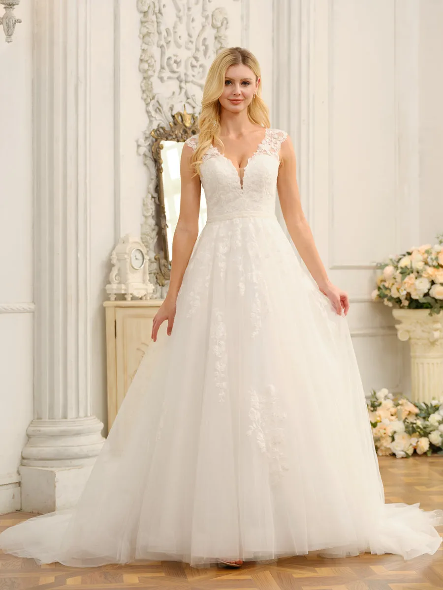 V-Neck Sleeveless Long Wedding Dresses with Appliques & Beading sold by Lavetir