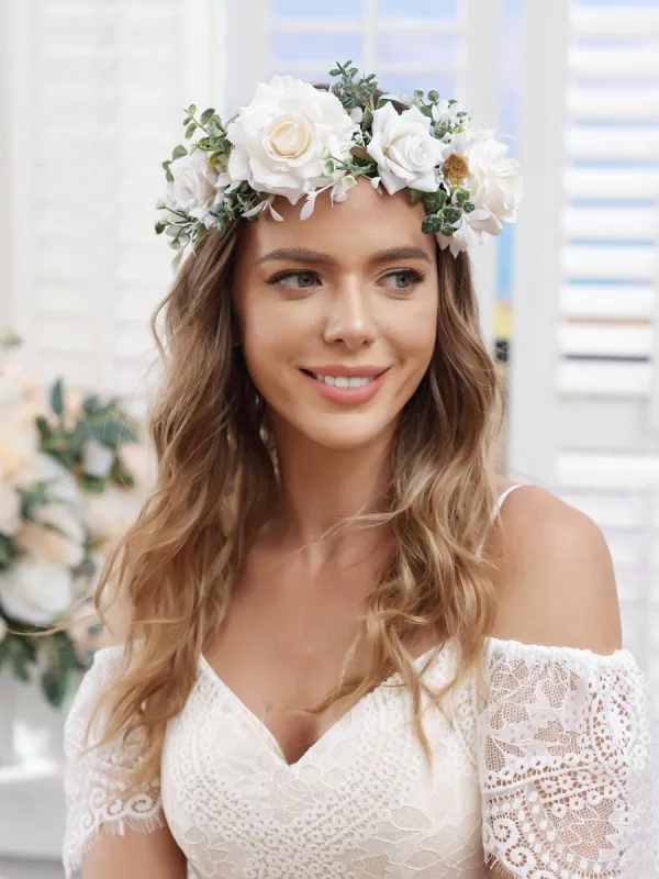 Artificial White Wedding Flower Crowns with Ivory Ribbon sold by Lavetir