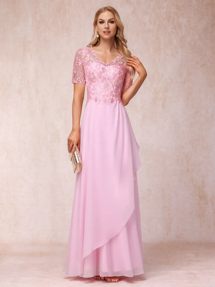 A-Line/Princess V-Neck Short Sleeves Long Formal Evening Dresses with Appliques sold by Lavetir product image thumbnail 3
