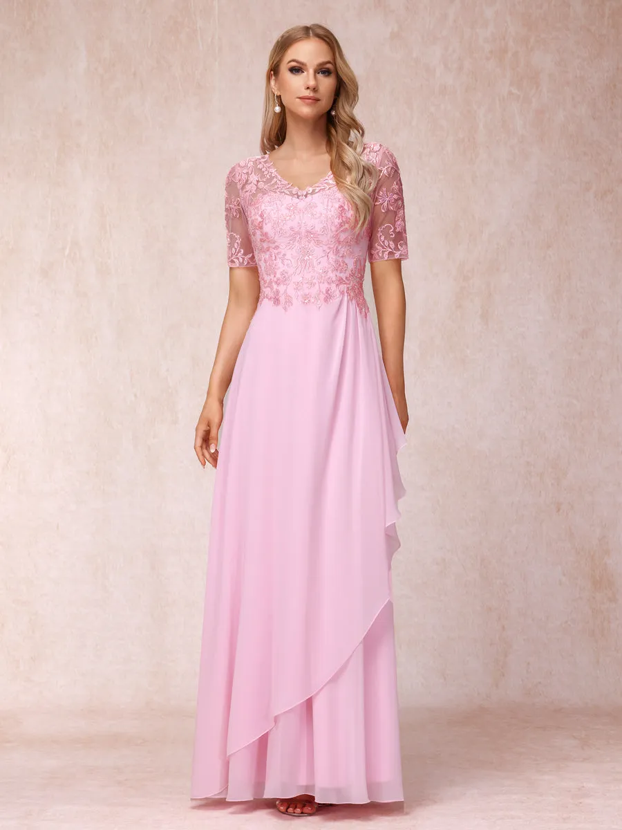 A-Line/Princess V-Neck Short Sleeves Long Formal Evening Dresses with Appliques sold by Lavetir