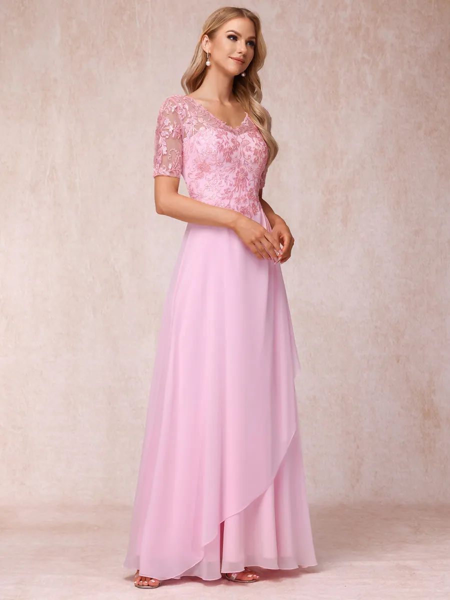 A-Line/Princess V-Neck Short Sleeves Long Formal Evening Dresses with Appliques sold by Lavetir product image thumbnail 5