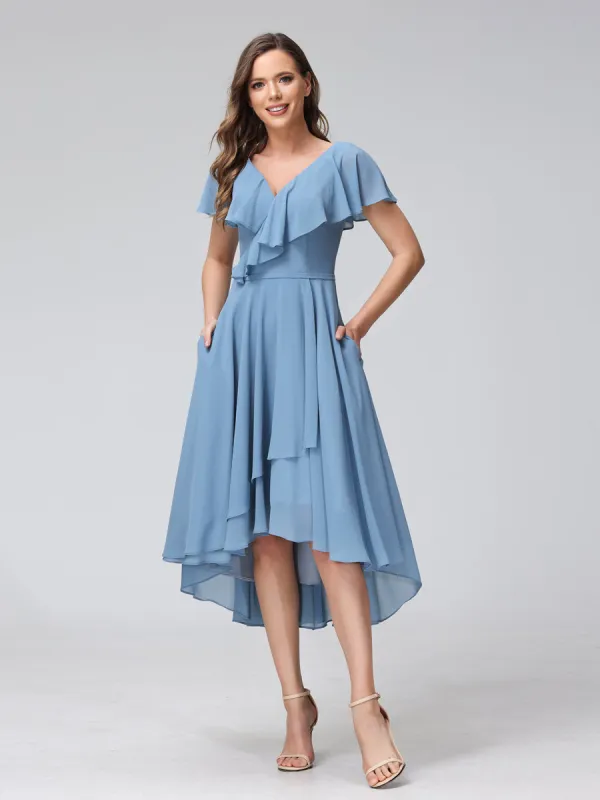 A-Line V-Neck Short Sleeves Asymmetrical Chiffon Bridesmaid Dresses With Pockets sold by Lavetir