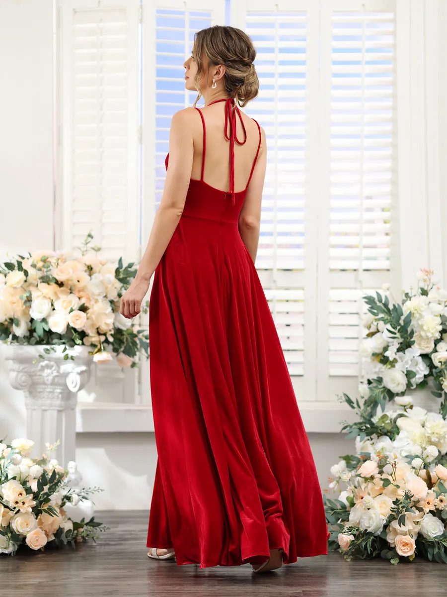 A-Line V-Neck Spaghetti Straps Sleeveless Split Side Floor-Length Velvet Dresses sold by Lavetir product image thumbnail 2