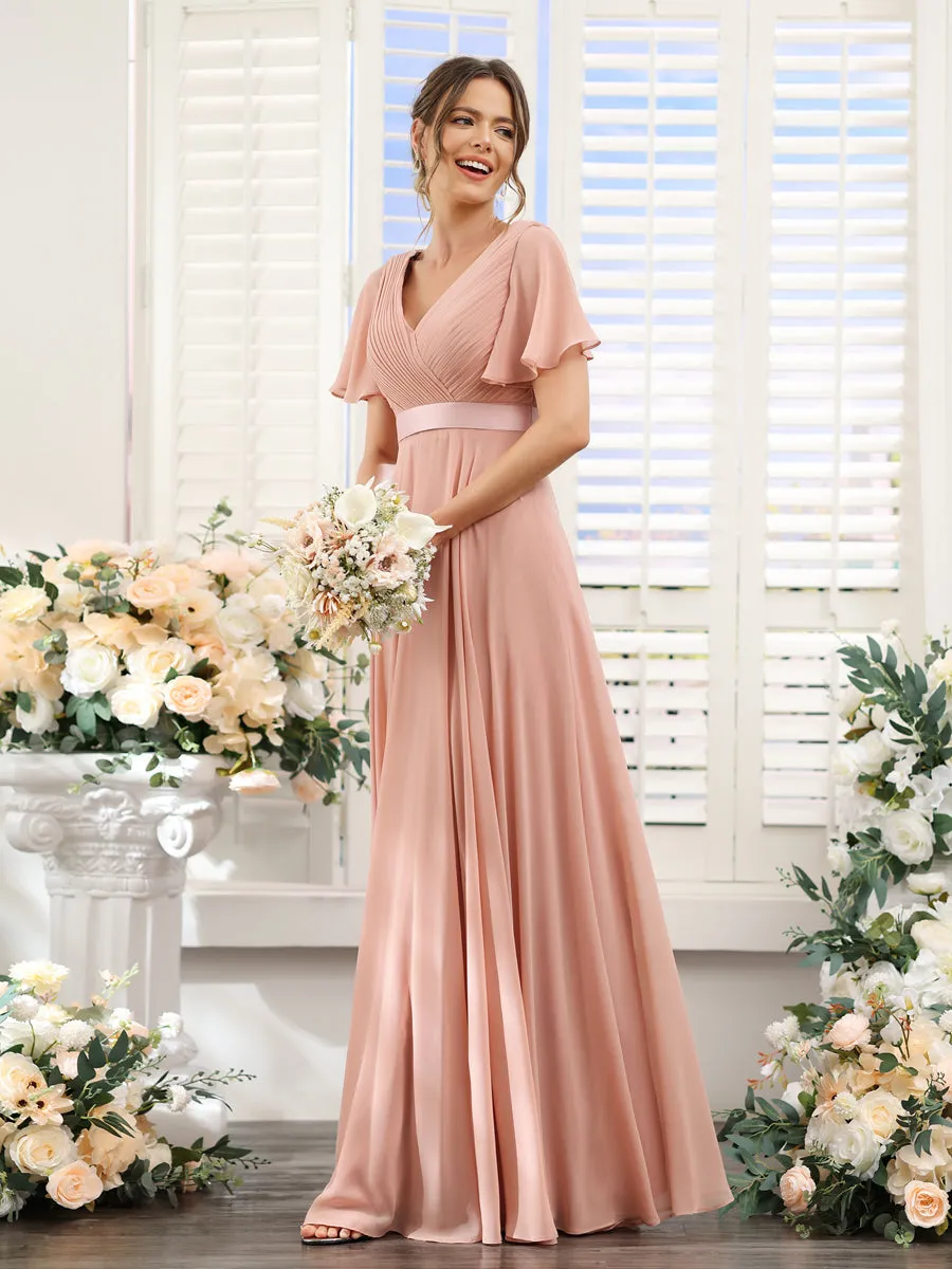 A-Line V-Neck Short Sleeves Chiffon Bridesmaid Dresses with Pockets sold by Lavetir product image thumbnail 5