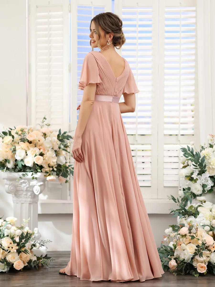 A-Line V-Neck Short Sleeves Chiffon Bridesmaid Dresses with Pockets sold by Lavetir product image thumbnail 2