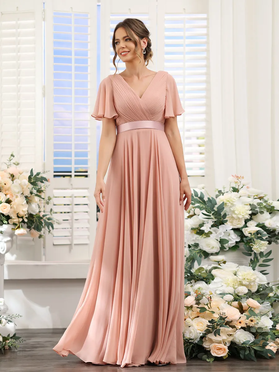 A-Line V-Neck Short Sleeves Chiffon Bridesmaid Dresses with Pockets sold by Lavetir product image thumbnail 3