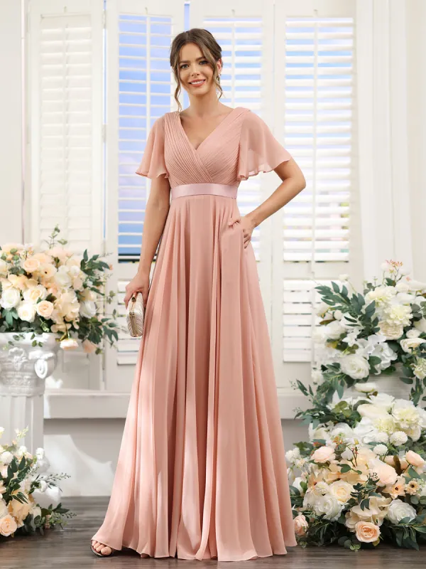 A-Line V-Neck Short Sleeves Chiffon Bridesmaid Dresses with Pockets sold by Lavetir