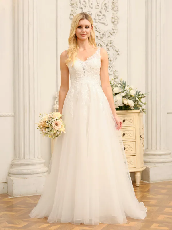 A-Line/Princess V-Neck Sleeveless Long Wedding Dresses with Appliques sold by Lavetir