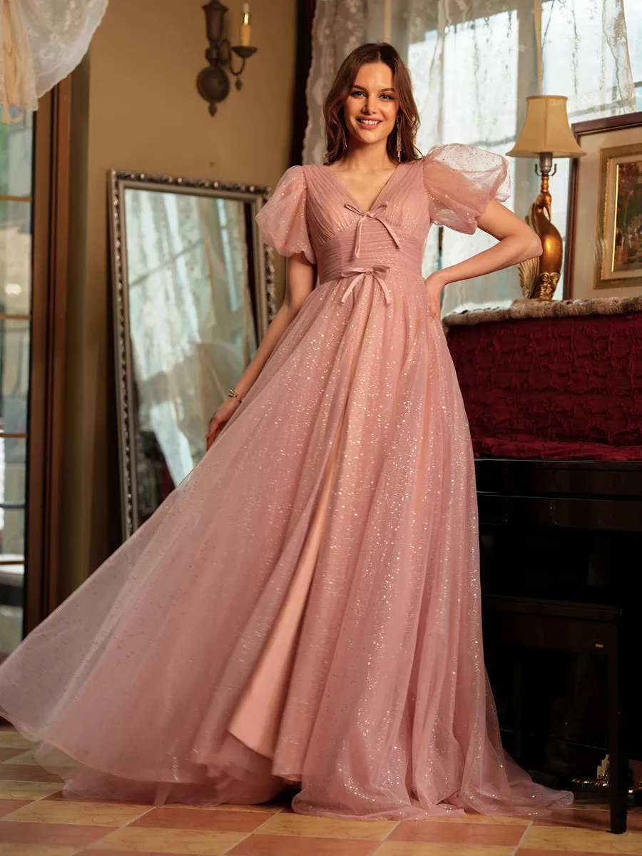 A-Line/Princess V-Neck Split Side Long Prom Dresses with Bow-Knot sold by Lavetir product image thumbnail 4