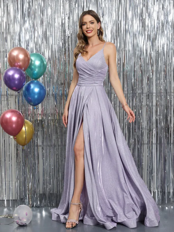 A-Line Spaghetti Straps V-Neck Sleeveless Metallic Lurex Long Prom Dresses sold by Lavetir