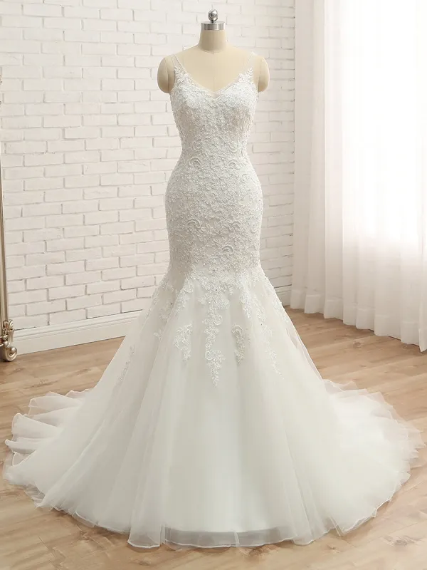 Trumpet/Mermaid V-Neck Sleeveless Applique With Beading Tulle Court Train Wedding Dresses sold by Lavetir