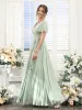 A-Line V-Neck Short Sleeves Split Side Ruched Floor-Length Chiffon Bridesmaid Dresses sold by Lavetir